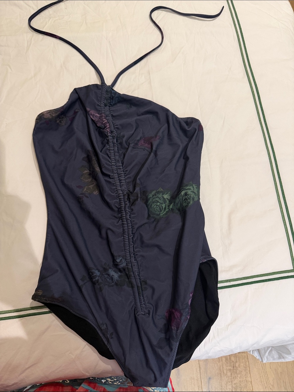 Ganni Navy Halter One-Piece with Subtle Floral Print